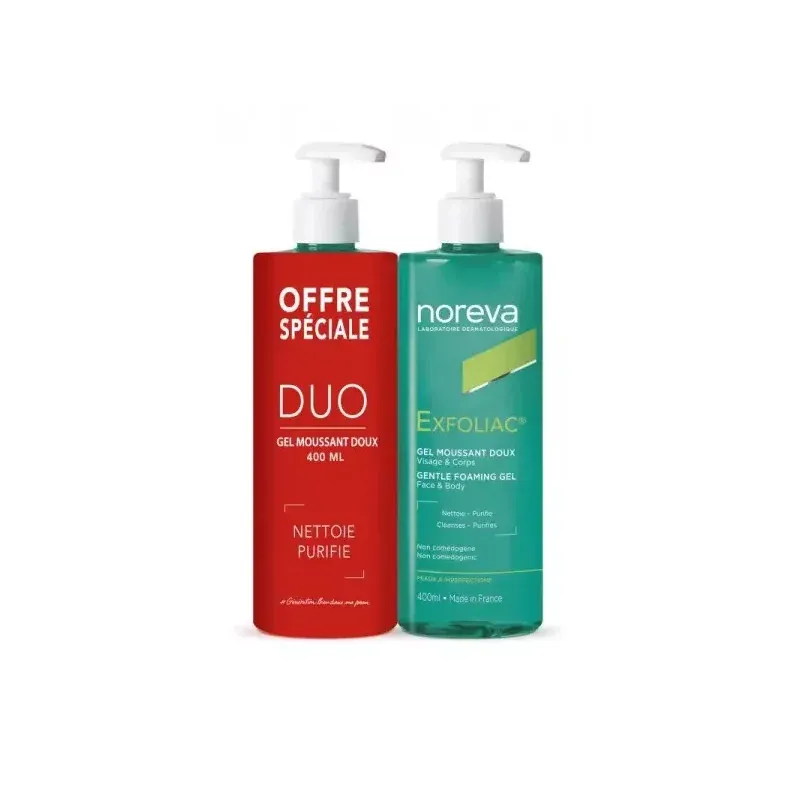 Noreva Exfoliac Gel Moussant Doux Visage et Corps 2X400ml - Univers Pharmacie Noreva Exfoliac Gel Moussant Doux Visage et Corps 2X400ml - Univers Pharmacie