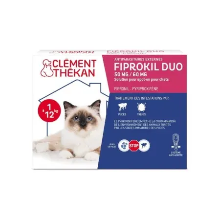 Clément Thékan Fiprokil Duo 50mg/60mg Antiparasitaire Chat 2X0,5ml - Univers Pharmacie