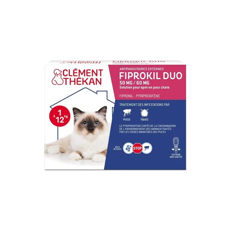 Clément Thékan Fiprokil Duo 50mg/60mg Antiparasitaire Chat 2X0,5ml - Univers Pharmacie