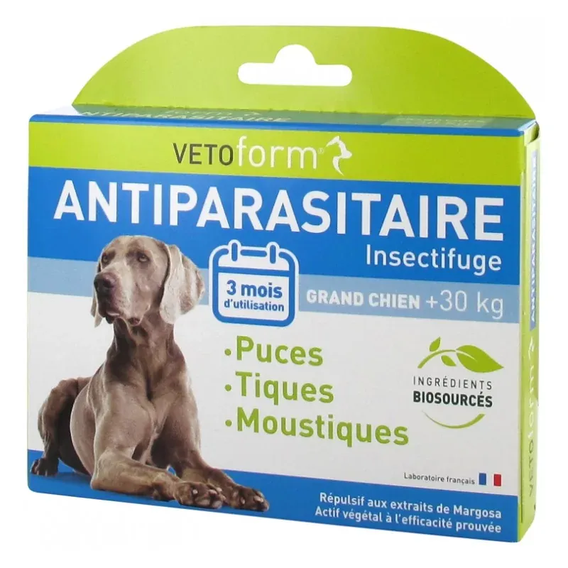 Vetoform Antiparasitaire Insectifuge Grands Chiens +30kg  3 pipettes - Univers Pharmacie