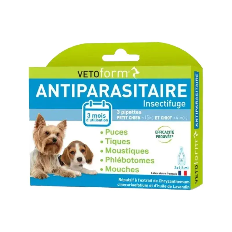 Vetoform Antiparasitaire Insectifuge Petits Chiens -15kg et Chiot +4mois 3 pipettes - Univers Pharmacie