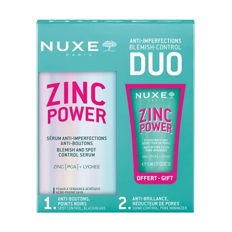 Nuxe Coffret Zinc Power Sérum Anti-Imperfections Anti-Boutons 30ml + Fluide Matifiant Réducteur de Pores 15ml