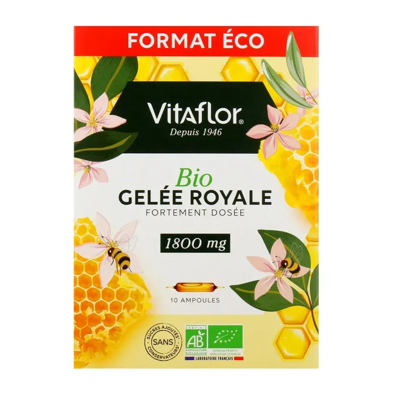 Vitaflor Bio Gelée Royale Fortement Dosée 1800mg 10 ampoules - Univers Pharmacie