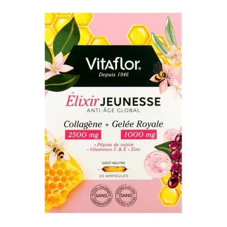 Vitaflor Elixir Jeunesse Collagène 2500mg + Gelée Royale 1000mg 20 ampoules - Univers Pharmacie