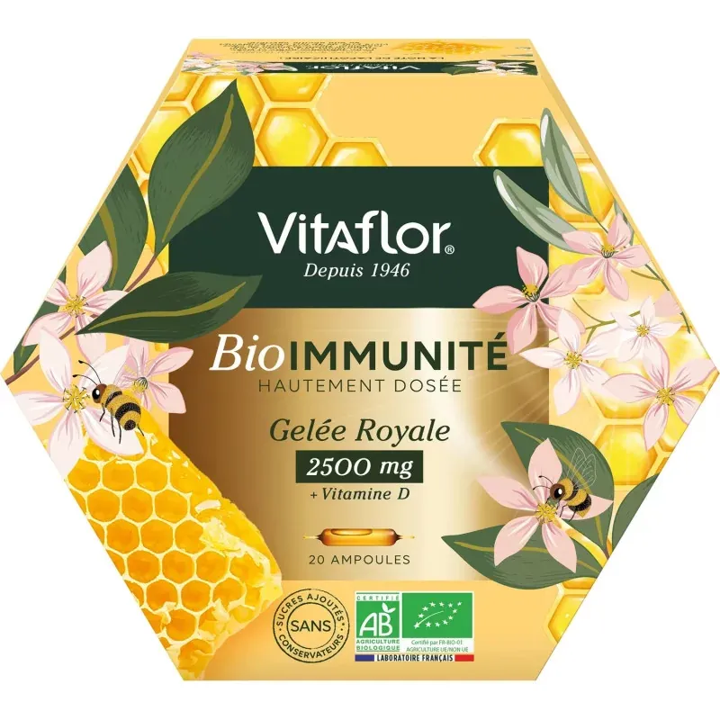 Vitaflor Bio Immunité Gelée Royale 2500mg + Vitamine D 20 ampoules - Univers Pharmacie
