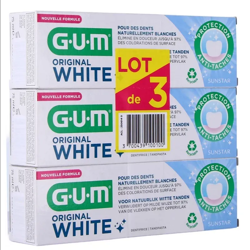 GUM Original White Dentifrice 3X75ml - Univers Pharmacie