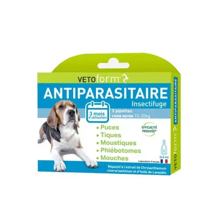 Vetoform Antiparasitaire Insectifuge Chien Moyen 3 pipettes - Univers Pharmacie