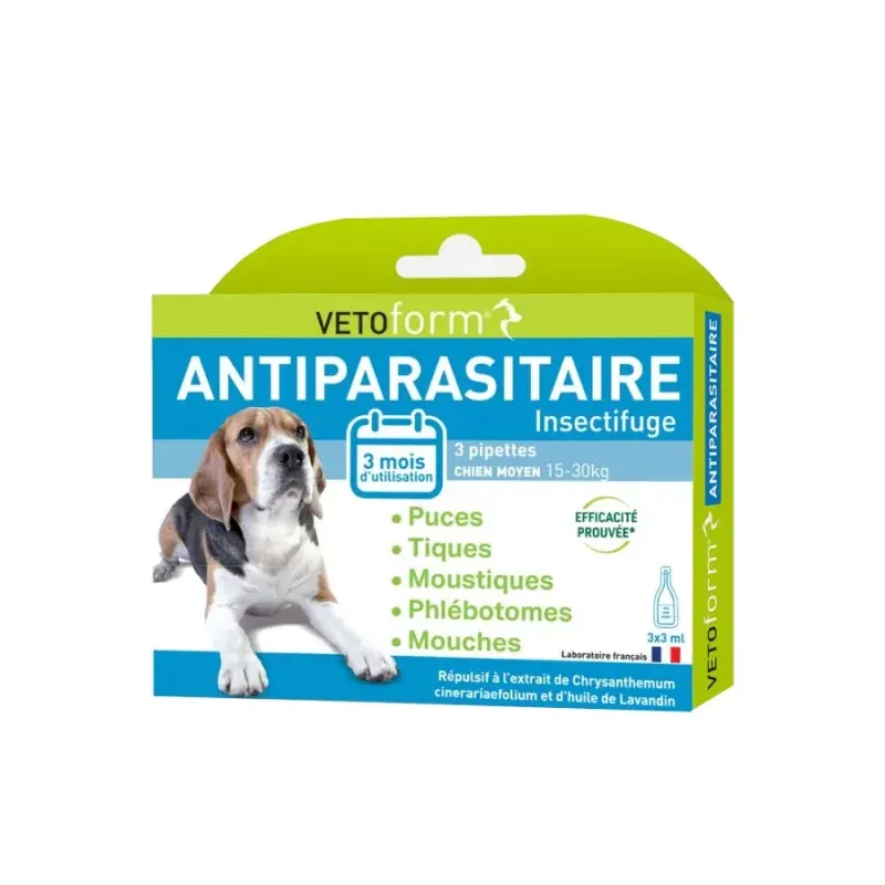 Vetoform Antiparasitaire Insectifuge Chien Moyen 3 pipettes - Univers Pharmacie