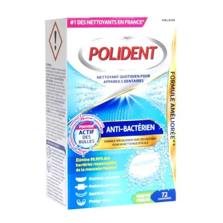 Polident Anti-Bactérien Nettoyant Menthe Fraîche 72 comprimés - Univers Pharmacie