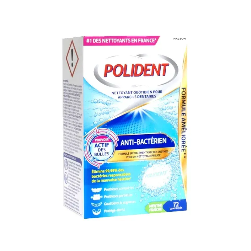 Polident Anti-Bactérien Nettoyant Menthe Fraîche 72 comprimés - Univers Pharmacie