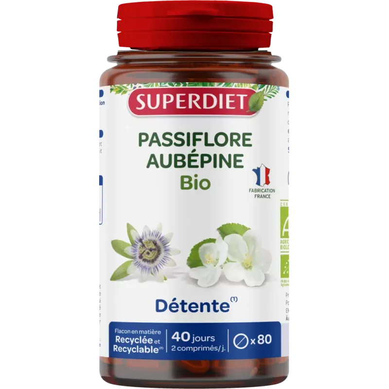 Superdiet Passiflore Aubépine Bio Détente 80 comprimés - Univers Pharmacie