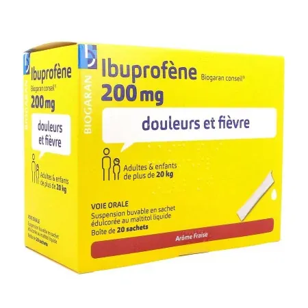 Ibuprofène 200mg Biogaran Conseil Arôme Fraise 20 sachets - Univers Pharmacie