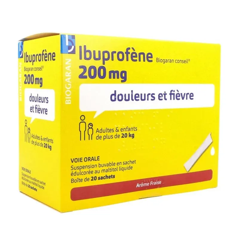 Ibuprofène 200mg Biogaran Conseil Arôme Fraise 20 sachets - Univers Pharmacie