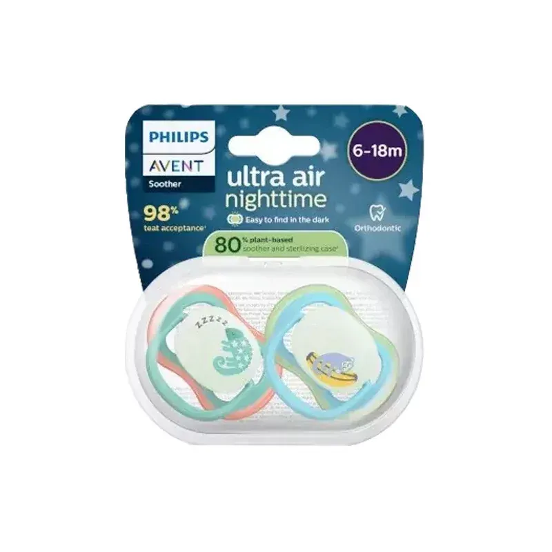 Philips Avent Ultra Air Nighttime Sucette Caméléon/Ouistiti 6-18m X2 - Univers Pharmacie