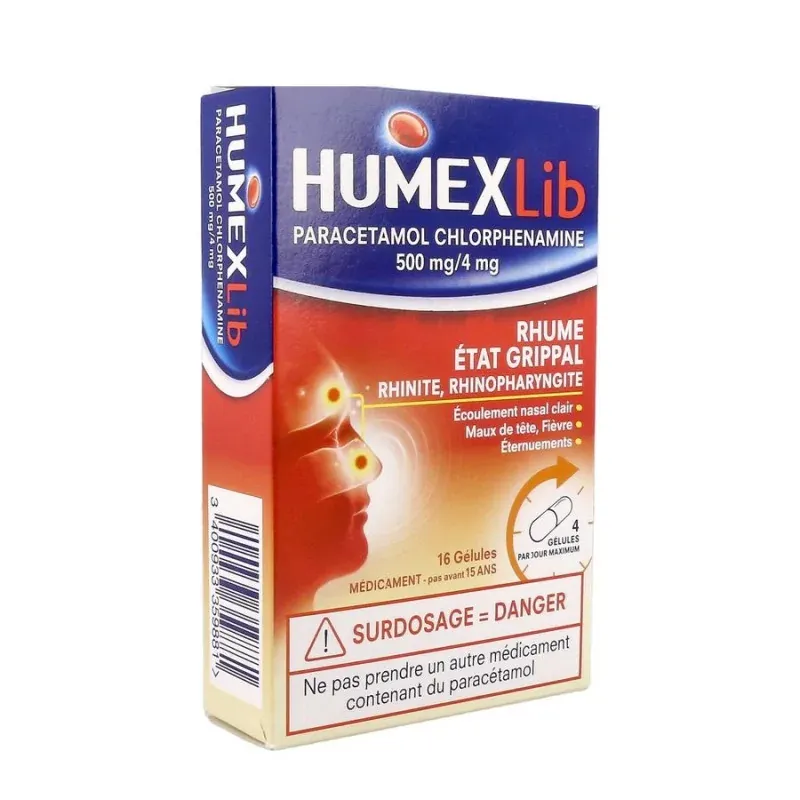 HumexLib Paracétamol Chlorphenamine 500mg/4mg 16 gélules - Univers Pharmacie