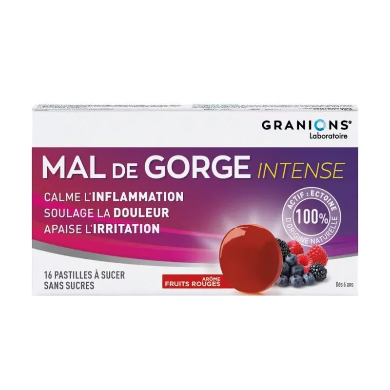 Granions Mal de Gorge Intense Arôme Fruits Rouges 16 pastilles à sucer sans sucres - Univers Pharmacie