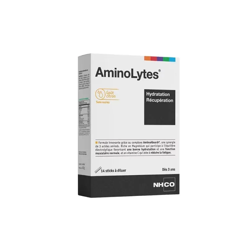 NHCO AminoLytes Hydratation Récupération goût citron 14 sticks à diluer - Univers Pharmacie