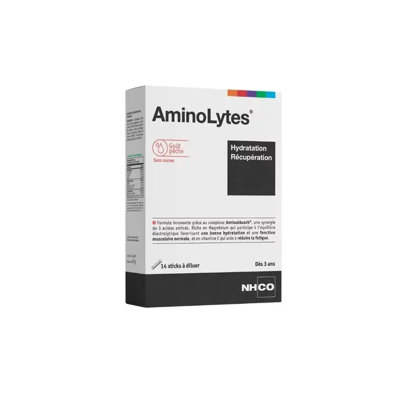 NHCO AminoLytes Hydratation Récupération goût Pêche 14 sticks à diluer - Univers Pharmacie