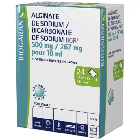 Alginate de Sodium/Bicarbonate de Sodium BGR 500mg/267mg 24 sachets - Univers Pharmacie