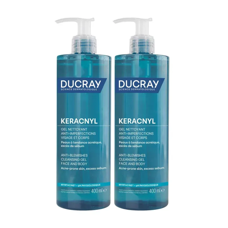 Ducray Keracnyl Gel Nettoyant Anti-imperfections Visage et Corps 2X400ml - Univers Pharmacie