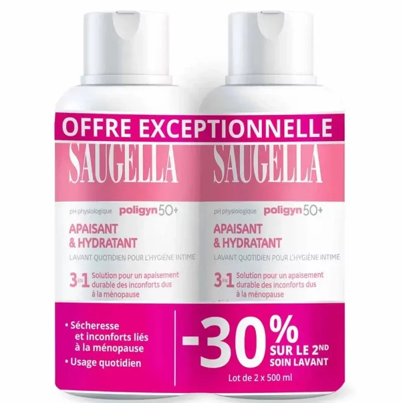 Saugella Poligyn 50+ Apaisant & Hydratant Soin Lavant 3en1 2X500ml - Univers Pharmacie