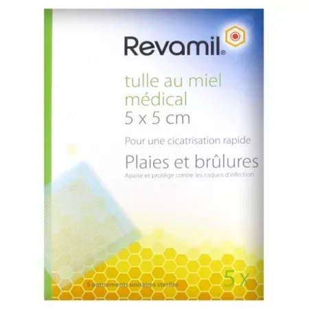Revamil Tulle au Miel Médical Plaies et Brûlures 5X5cm 5 pansements - Univers Pharmacie