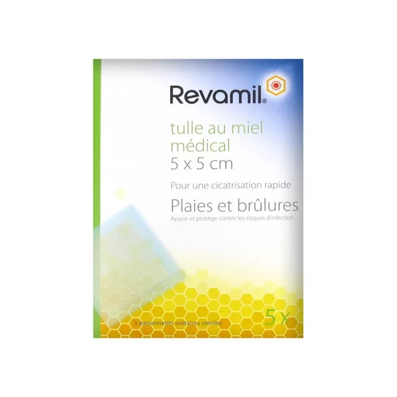 Revamil Tulle au Miel Médical Plaies et Brûlures 5X5cm 5 pansements - Univers Pharmacie