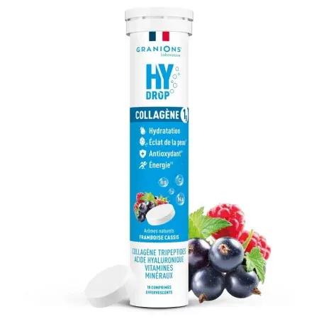 Granions Hydrop Collagène 1g Arômes Naturels Framboise Cassis 18 comprimés effervescents - Univers Pharmacie