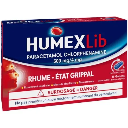HumexLib Paracétamol Chlorphenamine 500mg/4mg 16 gélules - Univers Pharmacie