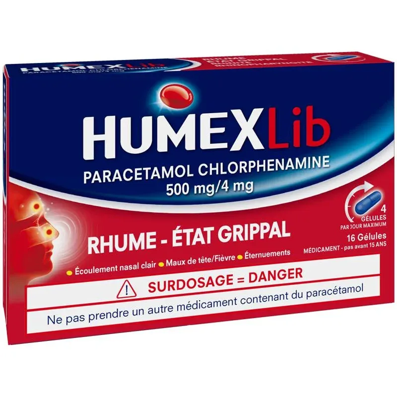 HumexLib Paracétamol Chlorphenamine 500mg/4mg 16 gélules - Univers Pharmacie