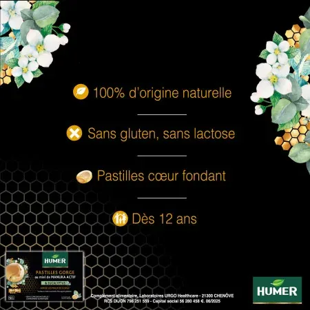 Humer Pastilles Gorge au Miel de Manuka Actif X16 - Univers Pharmacie