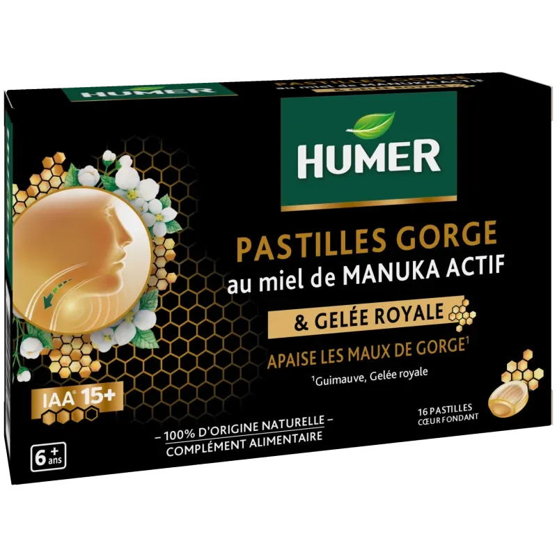 Humer Pastilles Gorge Miel de Manuka Gelée Royale 16 pastilles - Univers Pharmacie