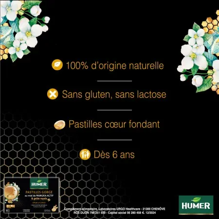 Humer Pastilles Gorge Miel de Manuka Gelée Royale 16 pastilles - Univers Pharmacie