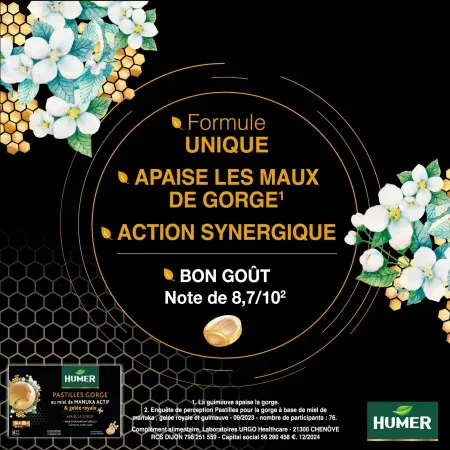 Humer Pastilles Gorge Miel de Manuka Gelée Royale 16 pastilles - Univers Pharmacie