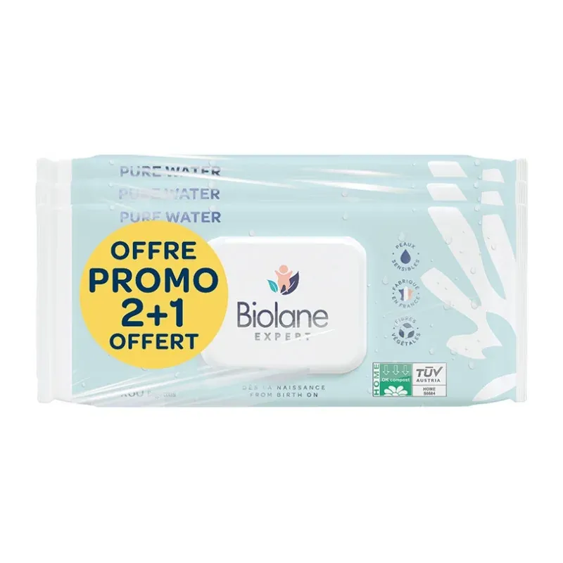 Biolane Pure Water Lingettes Non Parfumées 3X60 - Univers Pharmacie