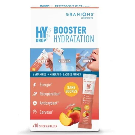 Granions Hydrop Booster Hydratation Arôme Pêche 10 sticks à diluer - Univers Pharmacie