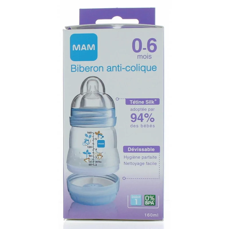MAM Biberon Easy Start Anti Colique 160ml Aqua - 0 Mois et + - Tétine Débit  1