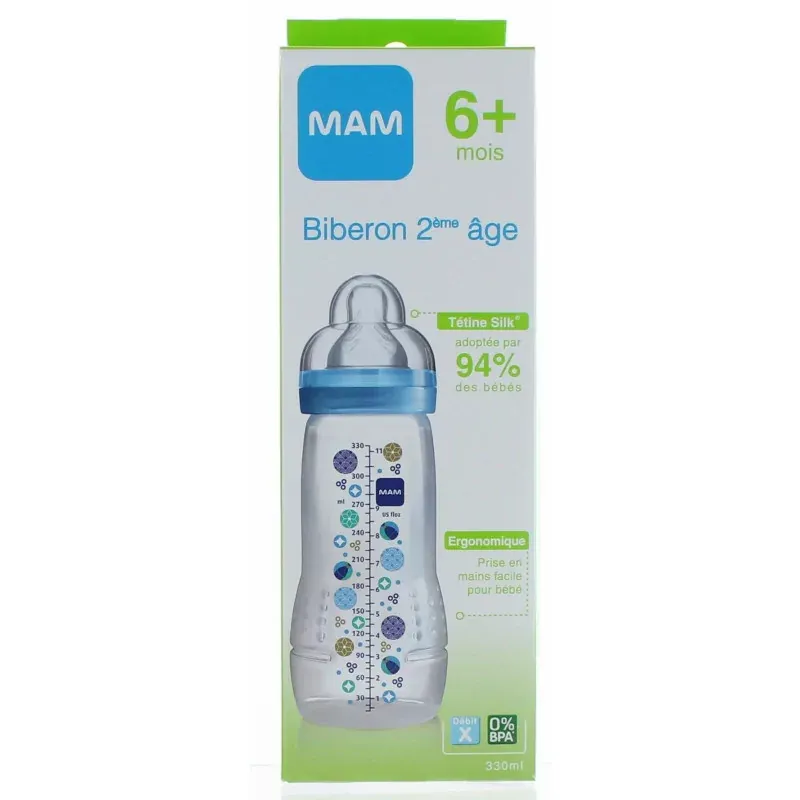 MAM Biberon Easy Active Bleu 2ème Âge 330ml - Univers Pharmacie