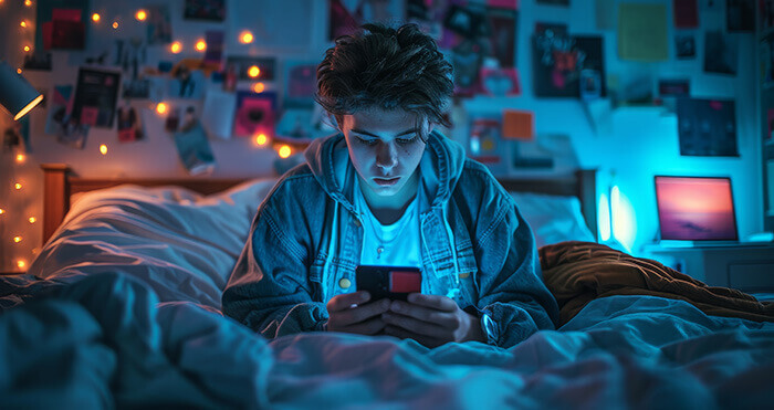 Garçon adolescent dans sa chambre, absorbé par les réseaux sociaux sur son smartphone