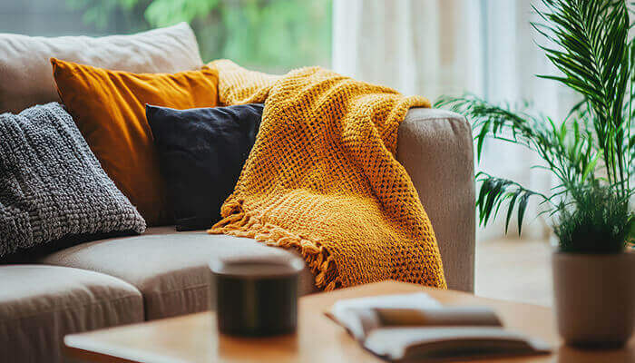 Canapé recouvert d'une couverture dans un salon cosy