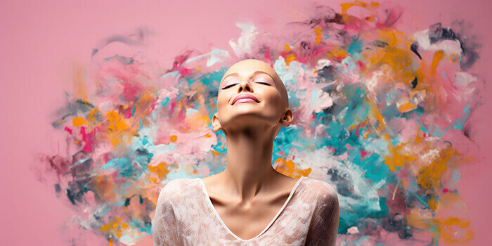 femme souriant devant une toile de peinture