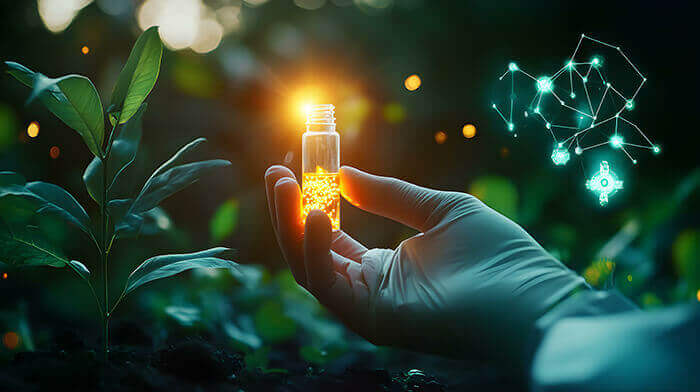 petite fiole d'un liquide luminescent tenue dans une main gantée