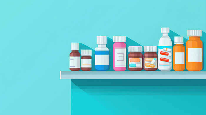 illustration de médicaments rangés par couleur sur une étagère