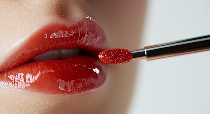 application de gloss rouge sur des lèvres de femme