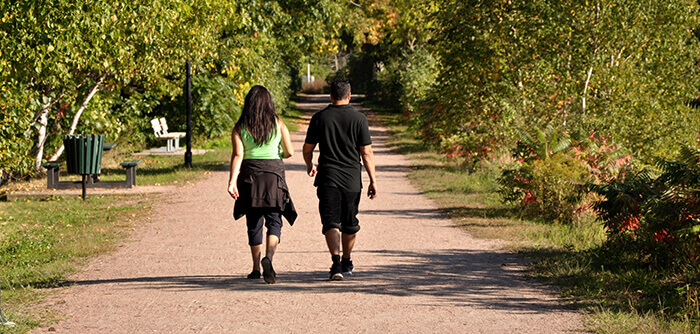 couple de dos, marchant sur une chemin en forêt
