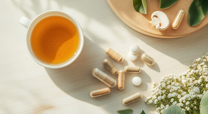 compléments alimentaires en gélules et tasse de tisane contre le stress entourés de plantes