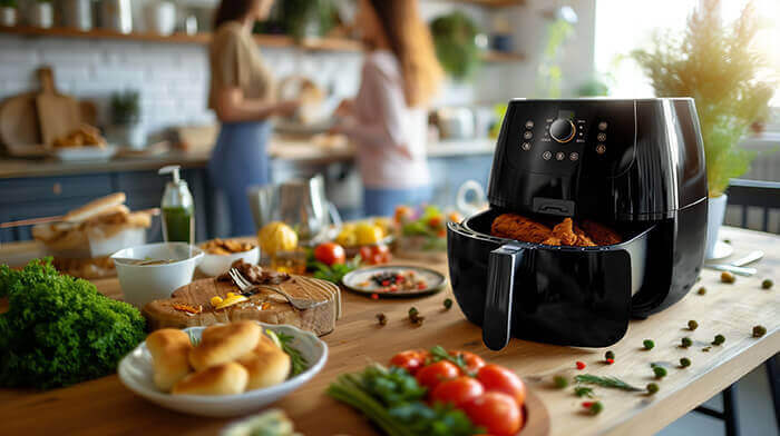 air fryer entouré d'aliments sur un plan de travail