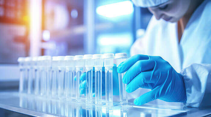 laborantine étudiant des fioles dans le cadre d'un essai clinique