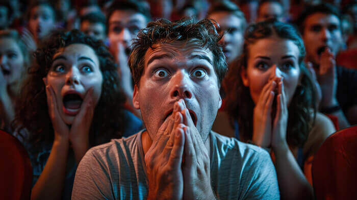 spectateurs appeurés devant un film d'horreur au cinéma