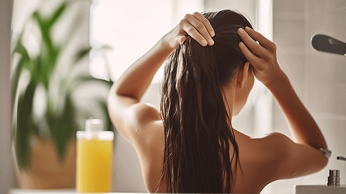 femme s'appliquant un masque d'huile de coco sur les cheveux